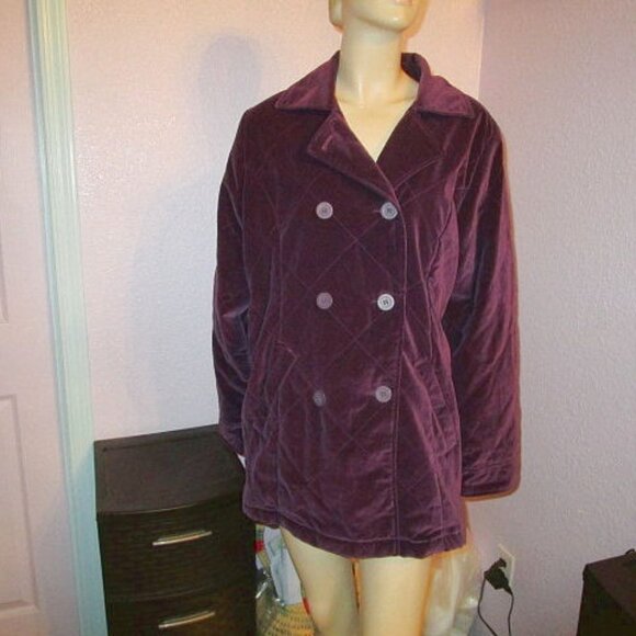 Vtg Purple Velvet Coat Size M Quilted Double Breasted Pockets Lined 90s Y2K - Picture 1 of 8